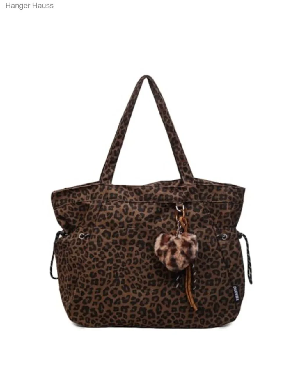 Leopard Print Tote Bag with Pockets, Nylon Work Purse, Y2K Shoulder Bag